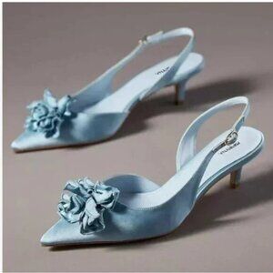 Light Blue Flower Decor Pointed Toe Satin Slingback Slip on Kitten Heel Pump